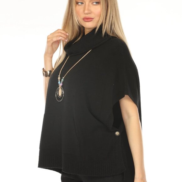 Black mock neck pockets cape Sweater - Picture 5 of 8